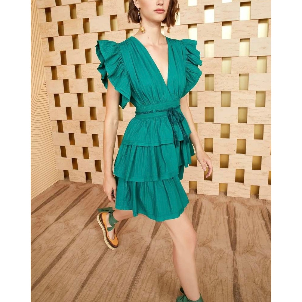 Ulla Johnsons Camilla Dress Womens 2 Verdigris Teal Green Ruffle Tiered Mini New